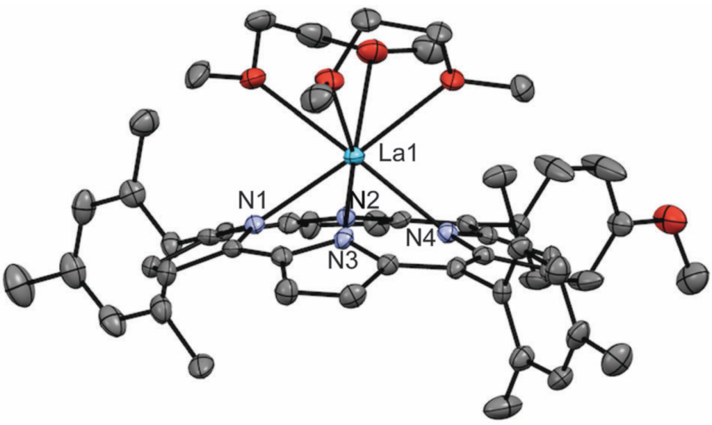 Molecular structure of lanthanum corrole complex, determined by single-crystal X-ray diffraction.